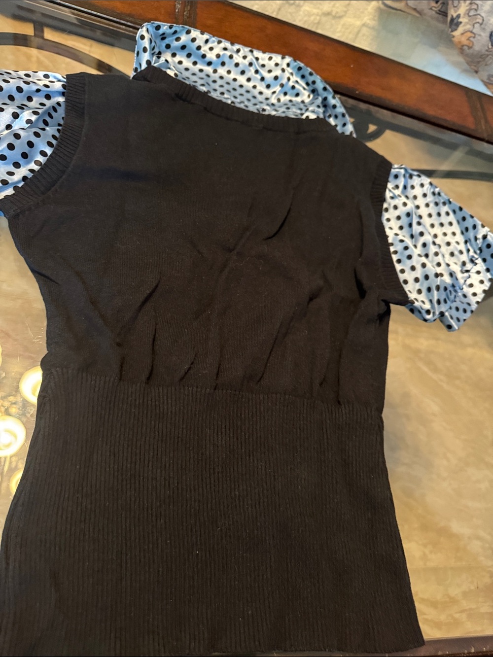 Vintage y2k Star City Black Knit Overlay Top with Blue Polka Dot Puff Sleeves - Picture 7 of 7